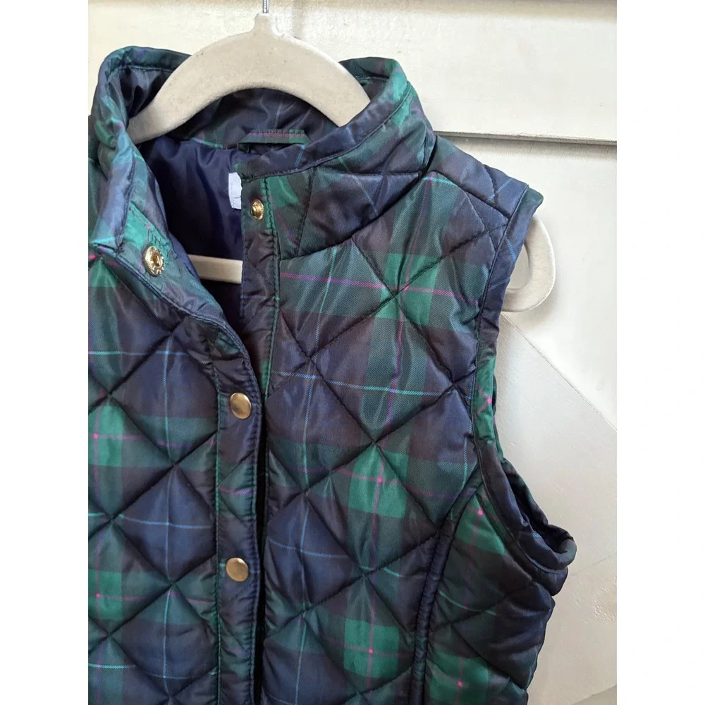 Crown & Ivy Kids Quilted Plaid Vest Navy Green Puffer Size S Christmas Holiday‎
